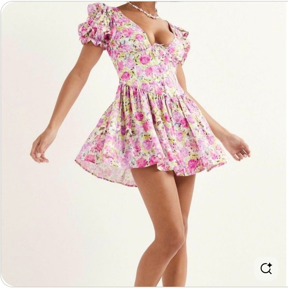 For Love & Lemons Paulina Puffy Sleeve Mini Dress Pink Floral Coquette Fairycore